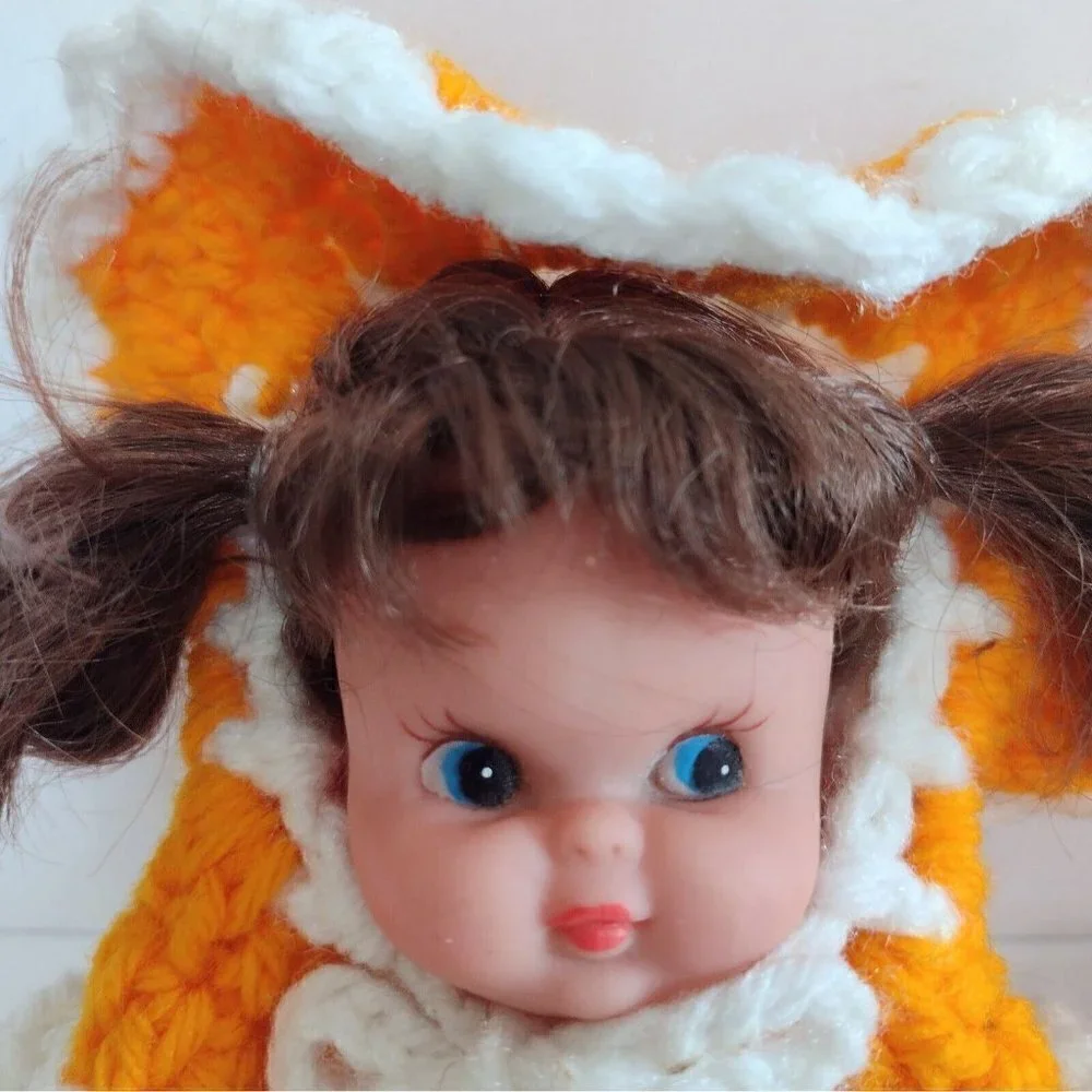Vintage Mid Century Set Of Bed Pillow Sitter Dolls Orange Crocheted Dresses